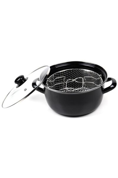 VERDA Black Enamel 24 cm Deep Sausage Potato Pumpkin Eggplant Frying Fryer Pot with Glass Lid