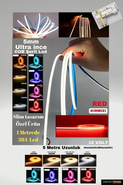 ankarateknik Ultra Ince 5mm. Kalınlık Cob Şerit Led (KIRMIZI) Neon Gibi Yanar. 1 Metrede 384 Led