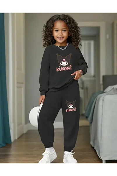 AEMİ Children's Kuromi Printed 100% Cotton Crew Neck Bottom-Top Tracksuit Set