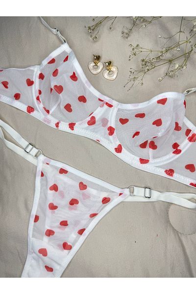 ROZENİN LINGERIE Set sutien alb cu sârmă fără cupă din tul cu inimă roșie (SUTIEN-TANGA)