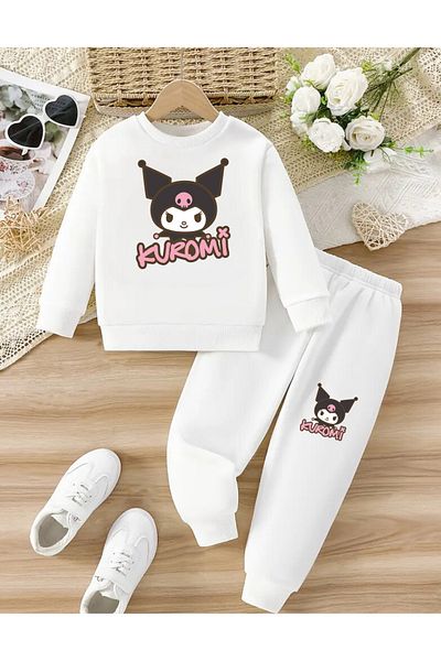 AEMİ Children's Kuromi Printed 100% Cotton Crew Neck Bottom-Top Tracksuit Set