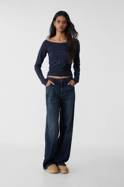 Stradivarius Letter Detailed Wide Collar T-Shirt