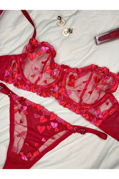ROZENİN LINGERIE Red Heart Lace Cupless Bralet Bra Set (Big and Small Size)