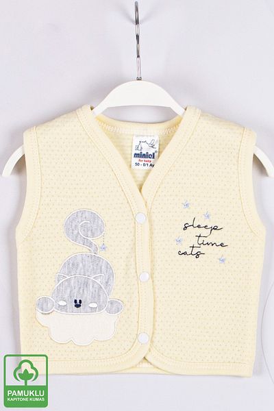 Miniel Unisex Baby Starry Cat Embroidered Organic Cotton 1-3-6-9 Months Quilted Baby Vest - Yellow