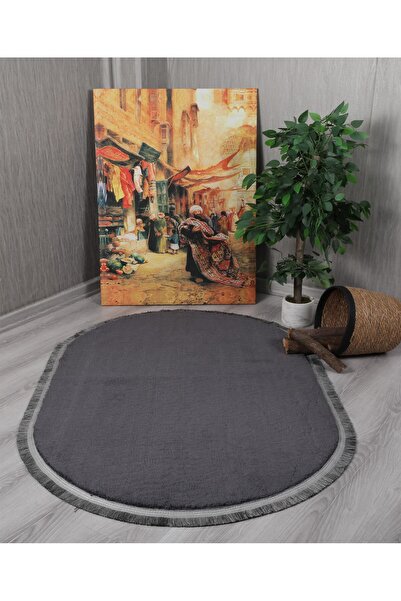 Myevilla My Evilla Modern Dekoratif Oval Spor Saçaklı Puffy Peluş Halı Yolluk