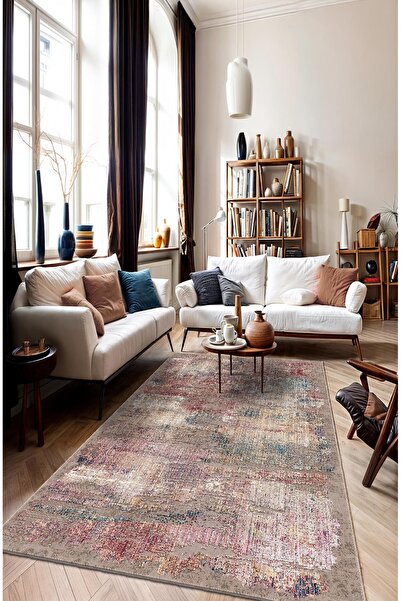 BigArts Home Bej Zemin Krem, Vizon, Gül Kurusu ve Mavi Tonlu Şönil Dijital Ba...