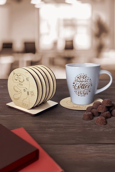 Home 6 Pieces Wooden Coasters with Monsters Special Design Stand