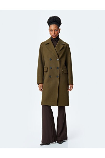 Koton Long Double Breasted Cashmere Coat with Buttoned Flap Pocket Detail