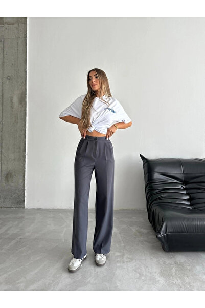 Leo Ferre Gri Beli Lastikli Cepli Palazzo Kadın Pantolon