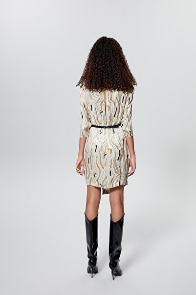 rue Print Asymmetrical Beige Satin Dress