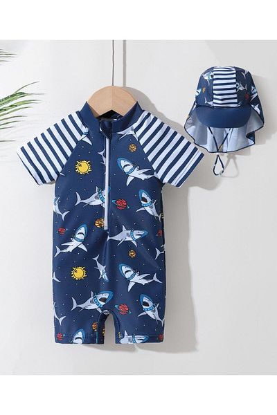 SAPS Astronaut Sharks Printed Legged Swimsuit With Cap - Navy Blue