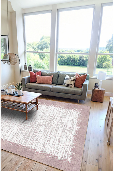 BigArts Home Pembe Beyaz Soyut Desenli Modern Salon Kilim Yolluk ve Yuvarlak ...