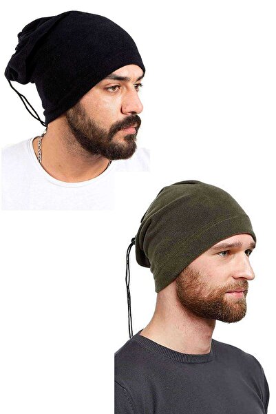 NW NessiWorld 2Pcs Fleece Drawstring Beanie and Neck Collar Black Green