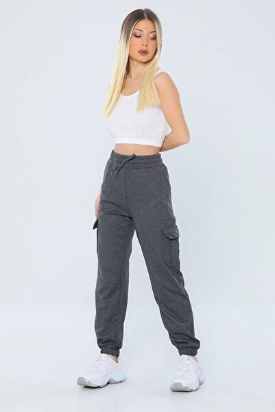 FİTGO Γυναικείο φούτερ με 2 κλωστές Anthracite Cargo Pocket