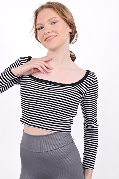 Rays 9904 Μπλούζα με ριγέ τετράγωνο λαιμό, μαύρη