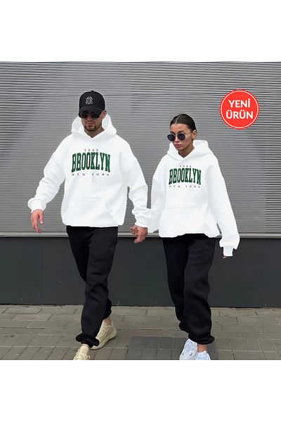 Rex Darius Brooklyn Detailed Couple Lover Oversize Hooded Sweatshirt and Sweatpants Set - 2 Pieces
