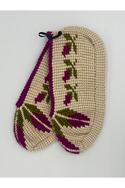 Şatilli Handmade Patik  Tunus işi patik el örgüsü patik bej gonca gül detaylı el emeği patik çeyizlik hediyelik
