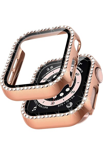 UnDePlus Apple Watch 7/8/9 45mm Uyumlu Ekran Koruyuculu Tek Sıra Kenar Taşlı Sert PC Kasa Koruyucu