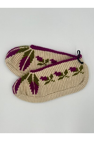 Şatilli Handmade Patik  Tunus işi patik el örgüsü patik bej gonca gül detaylı el emeği patik çeyizlik hediyelik