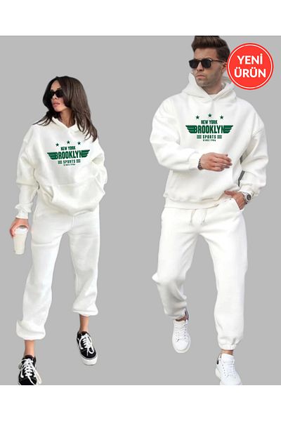 Rex Darius Brooklyn Detailed Couple Lover Oversize Hooded Sweatshirt and Sweatpants Set - 2 Pieces