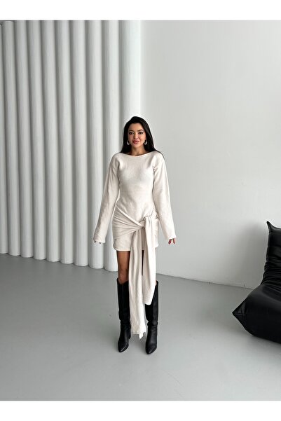 Laluvia Ecru Front Tie Short Dress - 7123