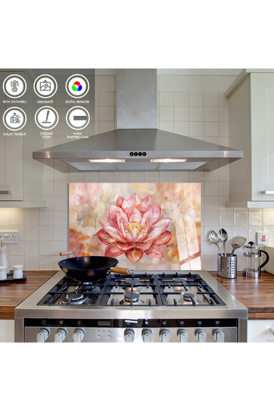 Zevahir Mobilya Dekorasyon Ocak Arkası Temperli Cam Pembe Renkli Lotus Çiçekli