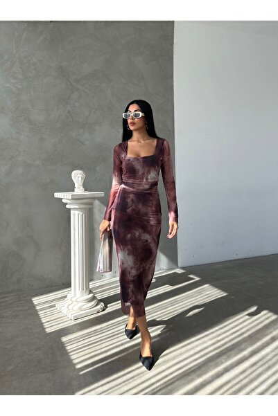 NFES TEKSTİL Kare Yaka Batik Desenli Drapeli Tül Elbiseler