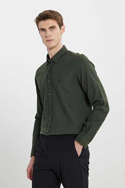 ALTINYILDIZ CLASSICS Ανδρικό πουκάμισο χακί 100% βαμβακερό φανελένιο Slim Fit με κρυφό γιακά με κουμπιά