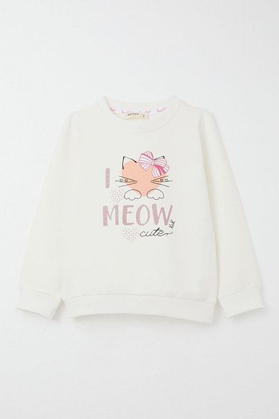 Breeze 1.5-5 Years Old Girl's Tracksuit Set - Cute, Cat Printed Bow, Ecru