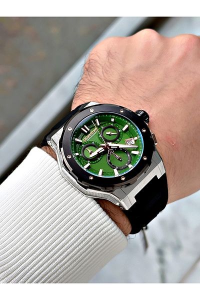 Quantum Functions Active Black-Green Color Silicone Cord Steel Case Men Wrist Watch 1082.371