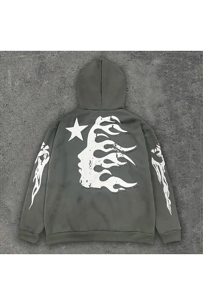Touz Moda Fashion Devil Star Printed Anthracite Hooded Sweatshirt