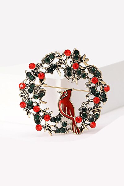 New Obsessions Antik Çelenk Arasında Kardinal Kuşlu Kırmızı Şans Kuşu Özel Taşlı Broş Yaka İğnesi