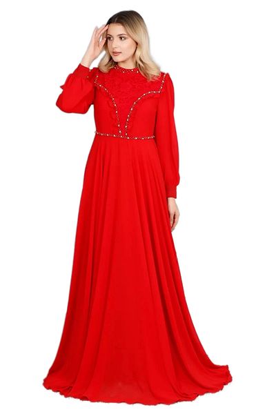 lodmela Frill and Lace Detailed Hijab Evening Dress 726-red