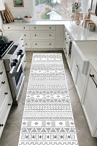 Bordo Halı BEYAZ SİYAH Yıkanabilir Kaymaz Taban Halı Salon Dekor Yolluk Koridor Mutfak Halısı