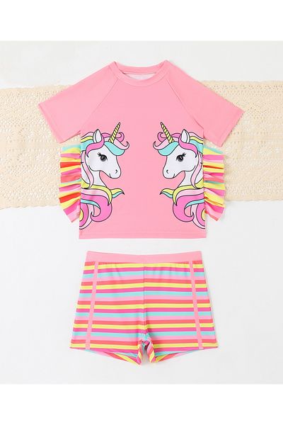 SAPS SAPS Unicorn Print & Striped Two Piece Swimsuit - Hot Pink