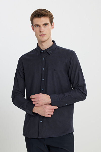 ALTINYILDIZ CLASSICS Erkek Lacivert %100 Pamuk Flanel Slim Fit Dar Kesim Gizli Düğmeli Yaka Gömlek