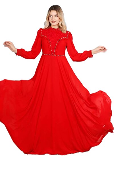 lodmela Βολάν και δαντέλα Λεπτομερές Βραδινό Φόρεμα Hijab 726-Κόκκινο