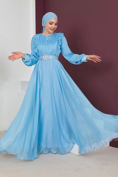PHELDA Βραδινό φόρεμα Hijab με λεπτομέρεια βολάν 760-μπλε