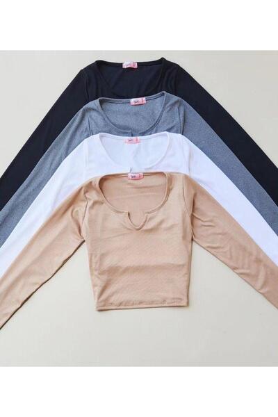 Lorya Giyim Pachet de 4 bluze crop pentru femei, 100% bumbac, tricotate, cu d...