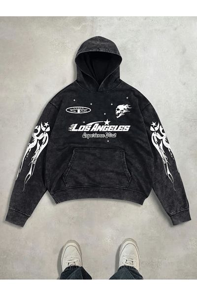 Touz Moda Streetwear Vintage Print Detail Hooded Sweatshirt