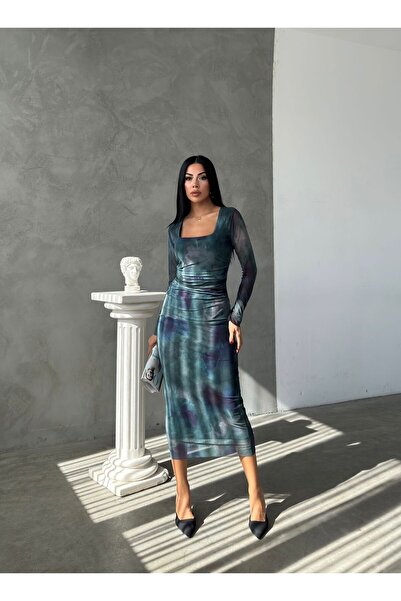 NFES TEKSTİL Kare Yaka Batik Desenli Drapeli Tül Elbiseler