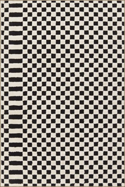 Rugs Modern Halı Siyah Beyaz Kareli Geometrik Dokuma Taban Yıkanabilir Halı M...