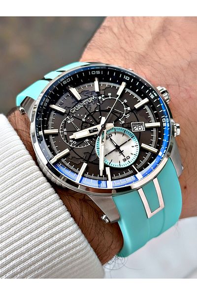Quantum Function Turquoise Color Silicone Cord Steel Case Men Wrist Watch 560.659