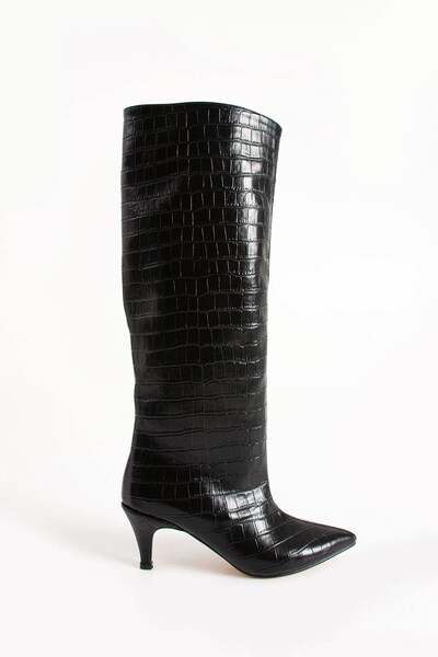 Seniorah Style Black Crocodile Women's Heeled Boots