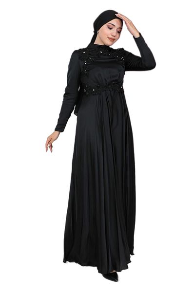 PHELDA Βραδινό φόρεμα Hijab με χάντρες κεντημένο σατέν 706-μαύρο