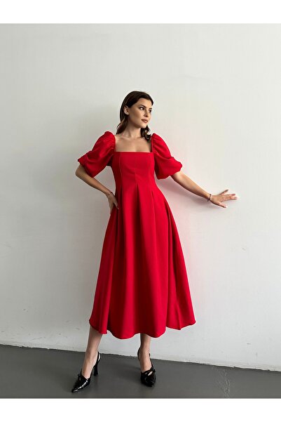 Afiş Butik Square Neck Pleated Midi Length Dress