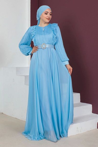 PHELDA Βραδινό φόρεμα Hijab με λεπτομέρεια βολάν 760-μπλε
