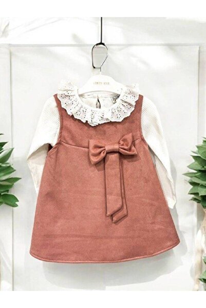 Zekids Rochie din piele intoarsa pentru fete din 2 piese cu fundita in fata