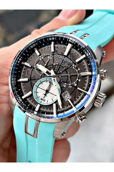 Quantum Function Turquoise Color Silicone Cord Steel Case Men Wrist Watch 560.659