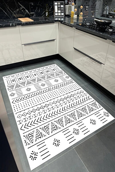 Bordo Halı BEYAZ SİYAH Yıkanabilir Kaymaz Taban Halı Salon Dekor Yolluk Koridor Mutfak Halısı